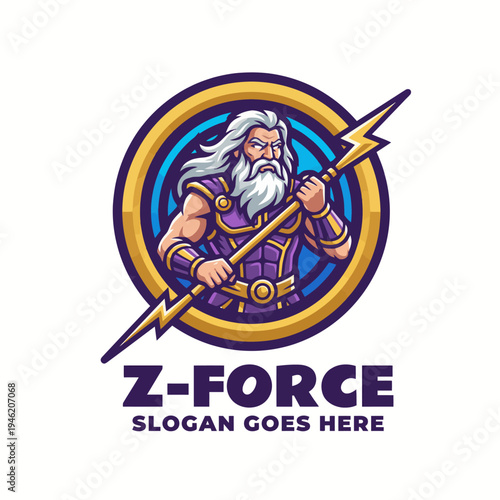 A heroic figure from Z-Force wields a spear crackling with lightning, embodying strength and bravery in a vibrant circular design that captures attention and imagination.