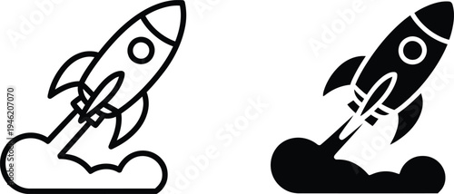 Set of 2 Rocket Launch Icons Vector: Outline and Solid Black Spaceship Taking Off with Smoke, Representing Startup, Innovation, and Business Growth