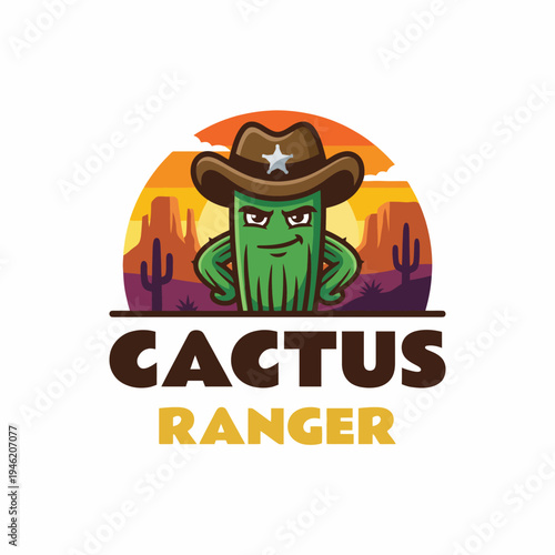 A quirky, fun design featuring a cactus characterized as a ranger wearing a cowboy hat, perfect for logos, branding or any Western-themed venture.