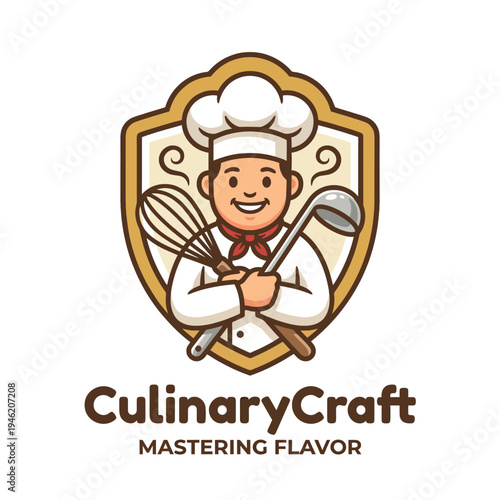 An engaging chef character with a whisk and ladle, emanating joy and love for cooking. Great for recipes, restaurants, or culinary product promotions.