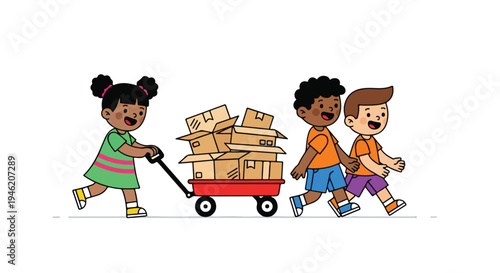 A diverse group of three happy children are depicted with a girl pulling a red wagon full of cardboard boxes while two boys walk cheerfully behind her.