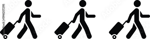 Set of 3 Black Silhouette Stick Figures Walking with Rolling Luggage Icons Vector Illustration for Travel and Airport Signage