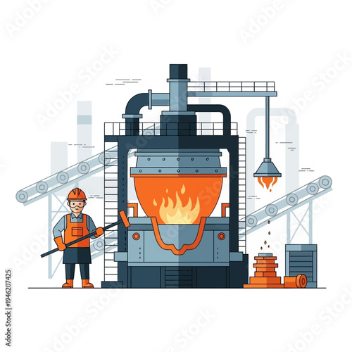 Metallurgist working in a foundry with a molten metal furnace and conveyor belts