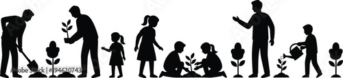 Family Planting and Gardening Vector Silhouettes: Adults and Children Caring for Plants, Growing Together, and Nurturing Nature