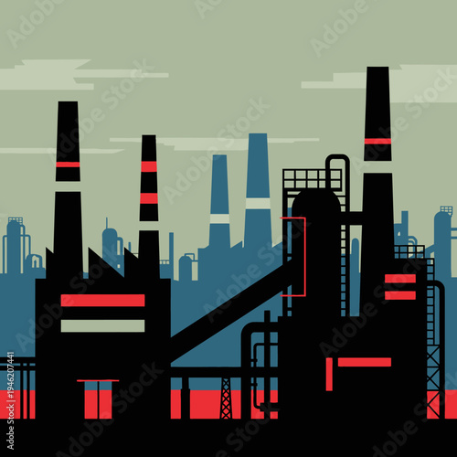 Industrial factory silhouette with smokestacks and pipelines against a muted sky