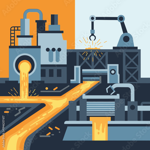 Industrial factory with molten metal and robotic arm, modern manufacturing concept