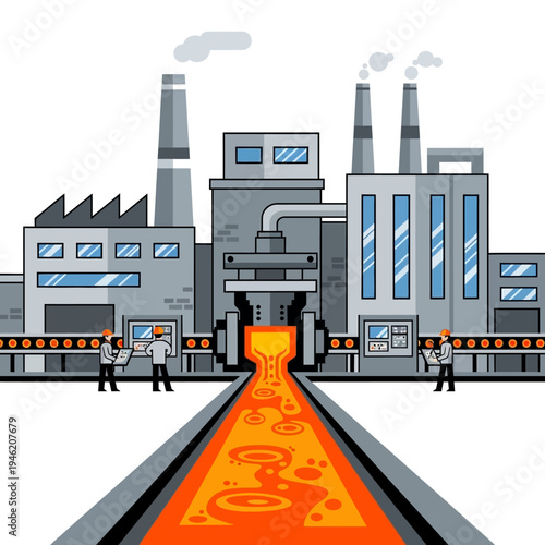 Industrial factory with molten metal pouring on conveyor belt, workers overseeing production