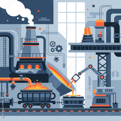 Industrial factory with molten metal pouring, automation, and heavy machinery