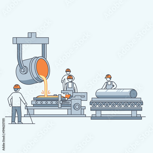 Industrial foundry process: molten metal poured into molds, workers operating machinery, casting production