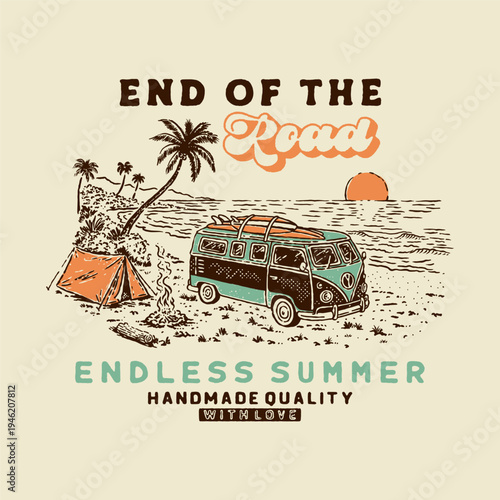 car illustration beach graphic camping design summer badge surfboard vintage sunset