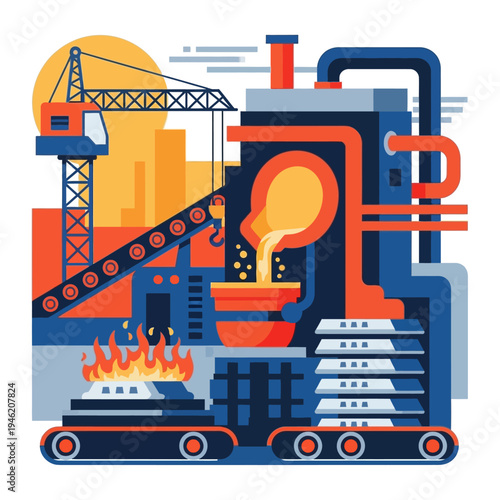 Industrial Foundry: Molten Metal Pouring, Crane, Conveyor Belt, Furnace, Factory