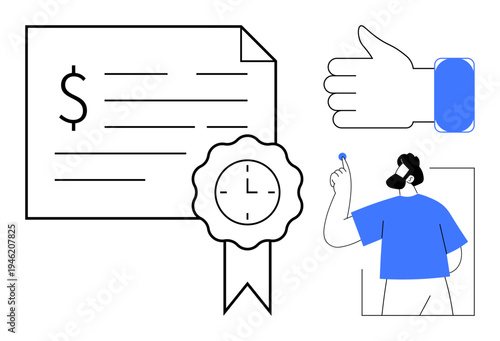 Financial planning, certifications, approvals, personal decisions, monetary agreements, business concepts. A certificate with a clock, a thumbs-up symbol and a person holding a coin. Financial