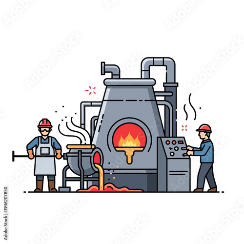 Industrial furnace with molten metal pouring and workers in a factory setting