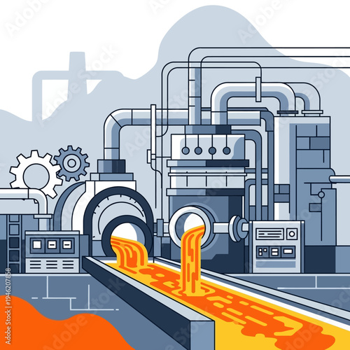 Industrial furnace with molten metal flowing into a channel