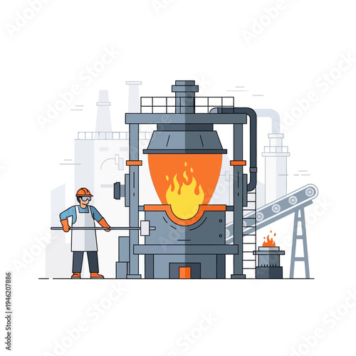 Industrial furnace with worker, metal casting, manufacturing, heat, fire, factory, production process