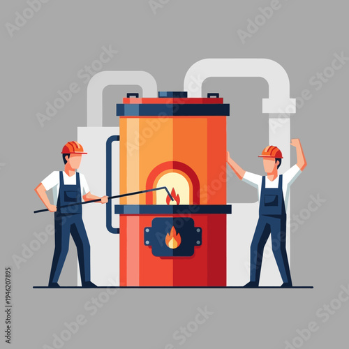 Industrial furnace with workers, heat, fire, and pipes, factory production