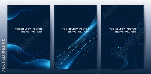 Technology Banner Poster set. Futuristic digital data wave glowing lines. Data science concept tech banner, corporate business presentation or booklet technology