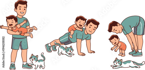 Cute cartoon illustration set of a father and young son playing with a small pet cat in different poses.