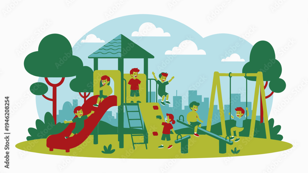 Fototapeta premium Children Playing at the Playground vector illustration