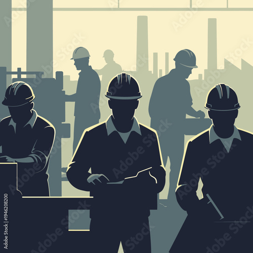 Industrial workers in hard hats operating machinery in a factory setting, teamwork and manufacturing concept.