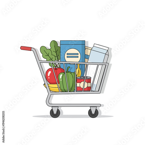 Full grocery shopping cart with fresh produce and packaged goods