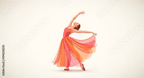 Elegant Ballerina Dancer in a Flowing Orange and Pink Dress Performing Graceful Ballet Moves on a Subtle Background