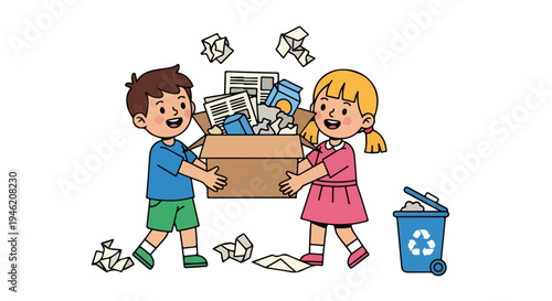 Two cheerful children, a boy and a girl, are collecting paper waste into a cardboard box for recycling, with a blue bin on the side.