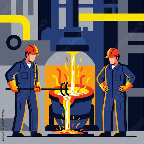 Industrial workers pouring molten metal in a foundry, heavy industry manufacturing process