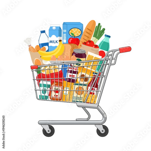 Full Shopping Cart Overflowing with Groceries and Food Items