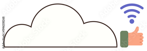 Cloud storage, internet services, digital connectivity, wireless data, online approval, technology. Cloud outline, thumbs-up wireless signal. Cloud storage and internet services idea