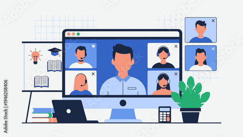 Online Meeting with Team Remote Work Concept vector illustration