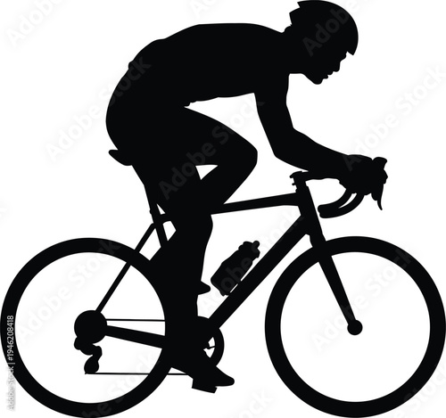 Silhouette cyclist in helmet riding racing bicycle on transparent background