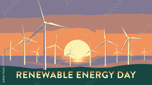 Renewable Energy Day Landscape with Wind Turbines at Sunset vector illustration