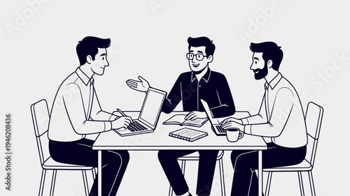 Collaborative Business Meeting with Laptop Computers vector illustration