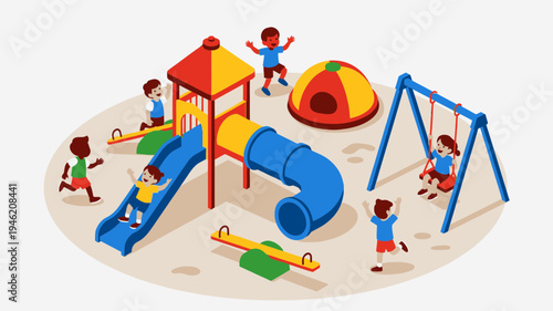 Isometric Playground with Children Playing vector illustration