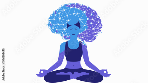 Woman Meditating with Brain Connectivity Network vector illustration