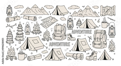 Flat lay illustration of various camping and adventure icons including tents, mountains, trees, and outdoor gear on a white background with a monochromatic color scheme.