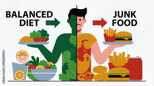 Balanced Diet vs Junk Food Concept vector illustration