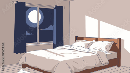 Bedroom with Moonlit Window vector illustration