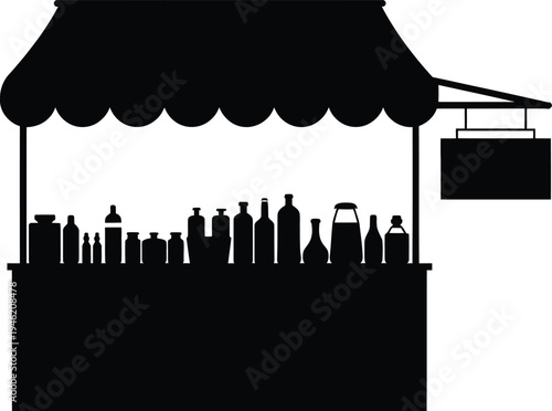 Market stall with awning and display of bottled goods and jars silhouette