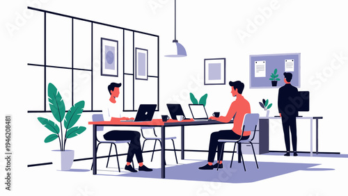Modern Office Space with People Working at Desks vector illustration