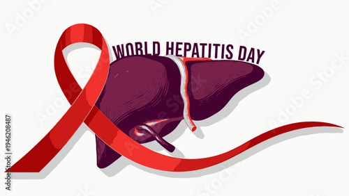 World Hepatitis Day Awareness with Red Ribbon and Liver vector illustration