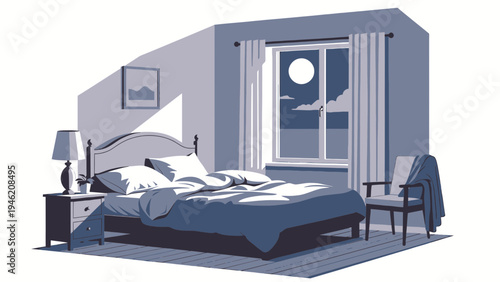 Cozy Bedroom Interior with Moonlight View vector illustration