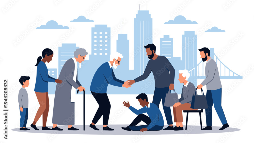 Fototapeta premium Diverse Community Helping Others in a City vector illustration