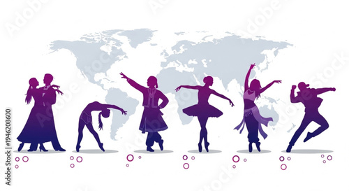 Vibrant Silhouettes of Diverse Dance Forms Against a World Map, Symbolizing Global Cultural Harmony and the Universal Language of Movement and Artistic Expression