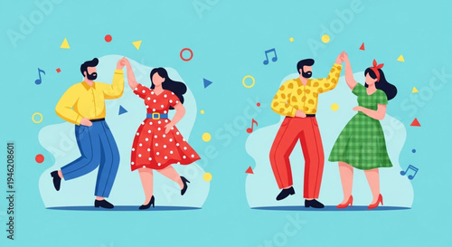 International Dance Day Vibrant illustration of cheerful couples joyfully dancing at a festive celebration, surrounded by musical notes and colorful confetti, depicting a lively party atmosphere
