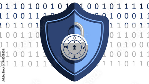 Security Shield with Padlock on Binary Code Background vector illustration