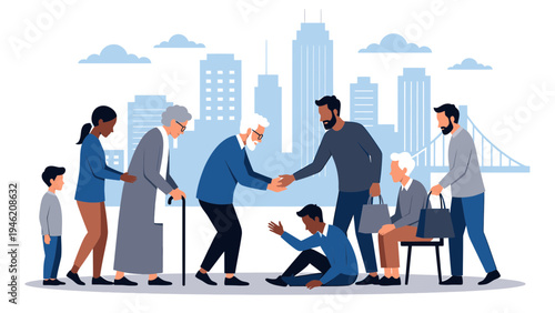 Diverse Community Helping Others in a City vector illustration