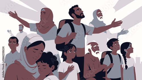 Diverse Group of People Reaching for Hopeful Future vector illustration