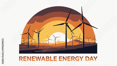 Renewable Energy Day with Wind Turbines at Sunset vector illustration